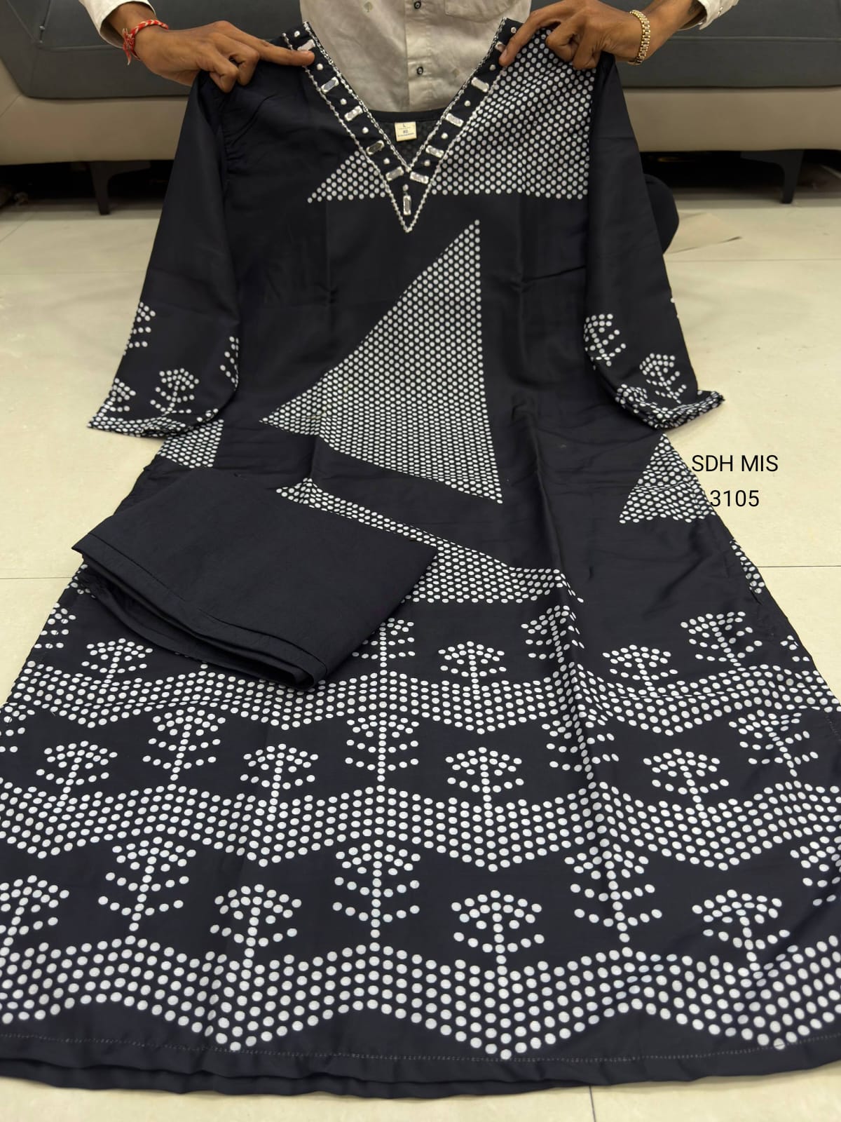 Olive Green Cotton Blend Three Piece Suit Set with White Floral Embroidery